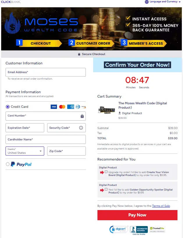 Moses Wealth Code checkout page